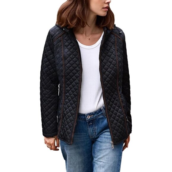 Tops - Women Black Hood Quilted Puffer Jacket Long Sleeve Short Coat Zip Up Pockets